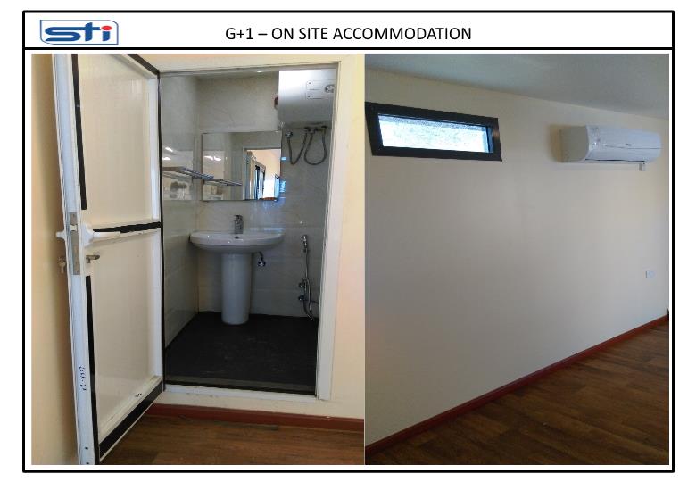 Collage of Washroom and Bedroom Images of G+1 On-Site Accommodation.